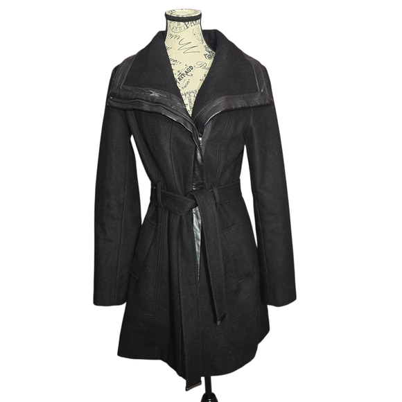 Calvin Klein Faux Leather Black Belted Zipper Timeless Wool Blend Coat S - Picture 1 of 15